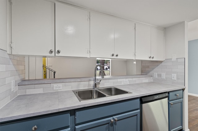 kitchen with white cabinets, dishwasher, blue cabinets, and sink