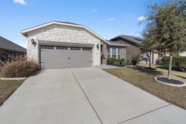 ranch-style house with a front yard and a garage