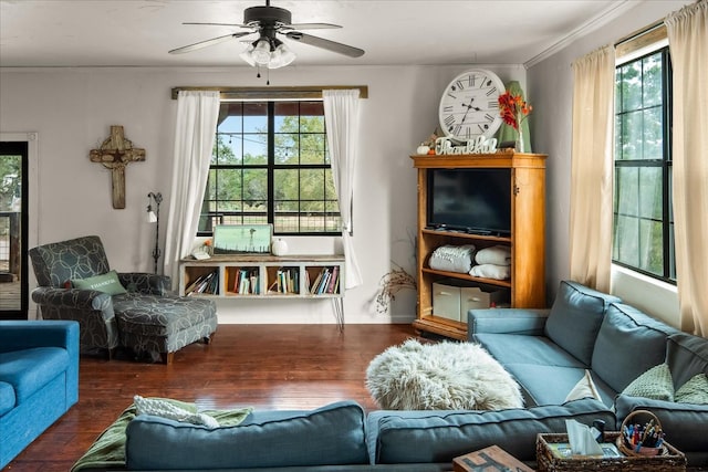 living area with ceiling fan and dark wood-type flooring