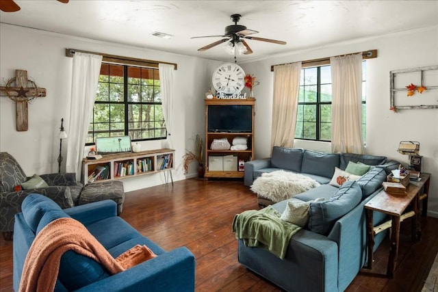 living room with a healthy amount of sunlight, ceiling fan, visible vents, and dark wood finished floors