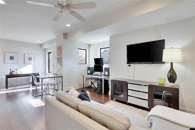 living room featuring ceiling fan and hardwood / wood-style floors