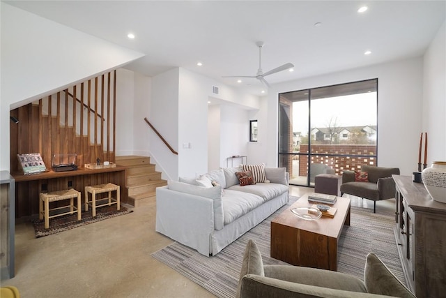 3008 Sorin St, Austin, TX 78723 - living area featuring concrete floors, stairs, ceiling fan, and recessed lighting