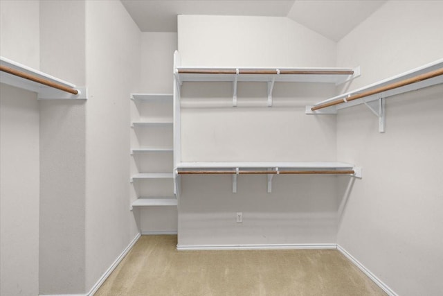 walk in closet featuring vaulted ceiling and light carpet