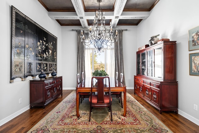 dining room featuring an inviting chandelier, beamed ceiling, dark hardwood / wood-style floors, coffered ceiling, and crown molding