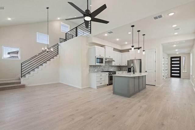 kitchen featuring pendant lighting, an island with sink, white cabinets, stainless steel appliances, and light hardwood / wood-style flooring