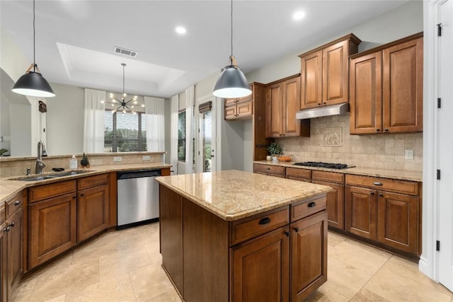 kitchen with dishwasher, a sink, decorative backsplash, a chandelier, and light stone countertops