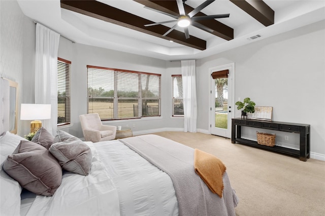 carpeted bedroom with a raised ceiling, access to outside, ceiling fan, and beam ceiling