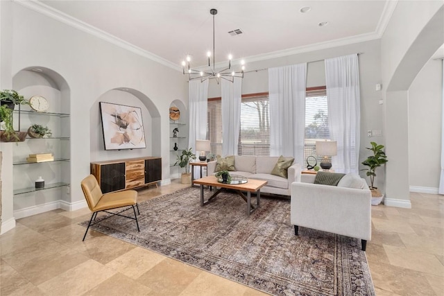 living area with built in shelves, a chandelier, arched walkways, crown molding, and baseboards