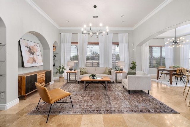 living area with an inviting chandelier, built in shelves, and ornamental molding