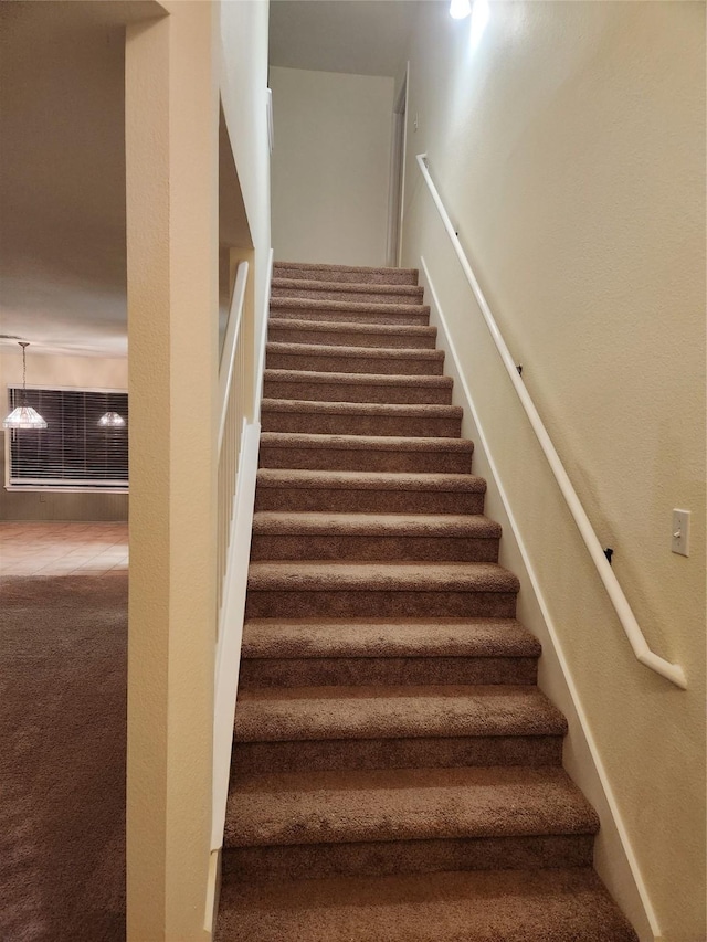 staircase featuring carpet