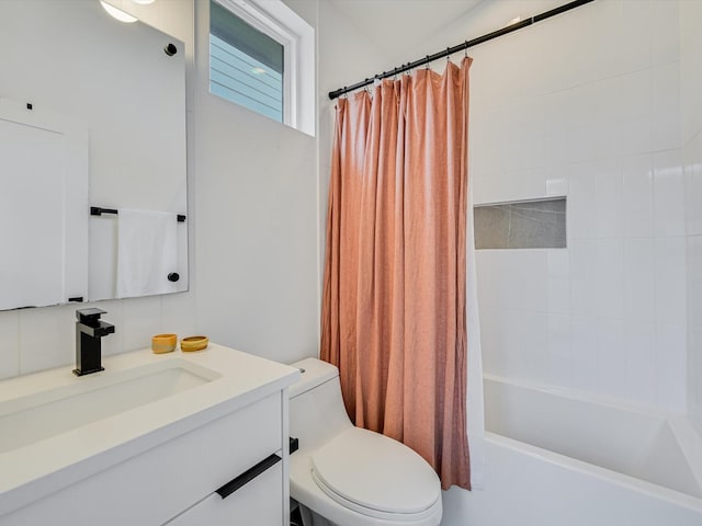 full bathroom featuring vanity, shower / bath combination with curtain, backsplash, and toilet