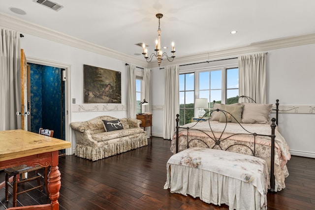 bedroom featuring a chandelier, ornamental molding, dark hardwood / wood-style flooring, and access to outside