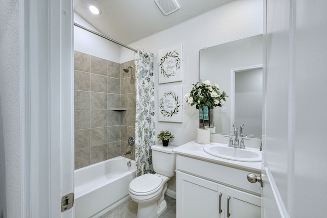 full bathroom featuring toilet, shower / bathtub combination with curtain, and vanity