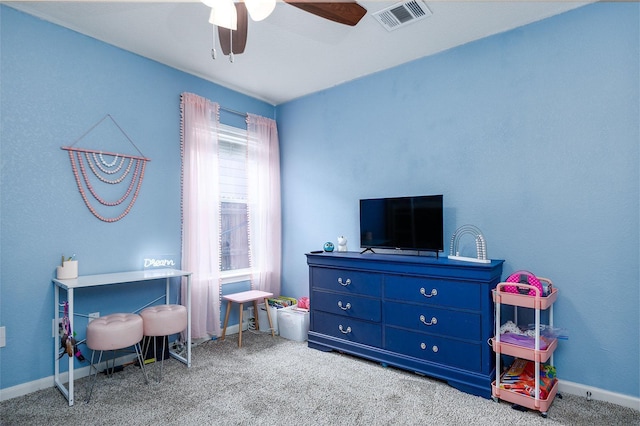 game room featuring carpet floors and ceiling fan