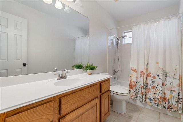 full bath with shower / tub combo with curtain, vanity, toilet, and tile patterned floors