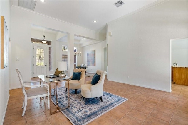 living room featuring light tile patterned flooring, ornamental molding, and a notable chandelier