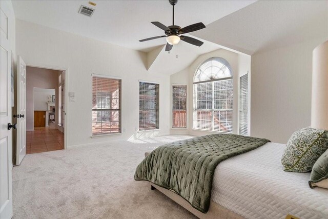 10113 Planters Woods Dr, Austin, TX 78730 - bedroom featuring vaulted ceiling, carpet, and ceiling fan