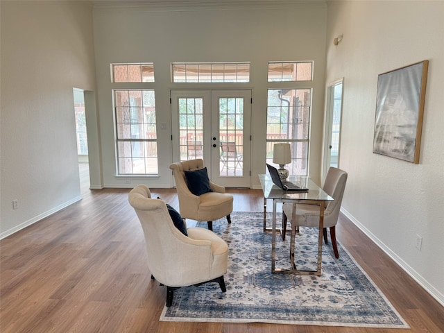 10113 Planters Woods Dr, Austin, TX 78730 - office area featuring french doors, a high ceiling, wood finished floors, and crown molding