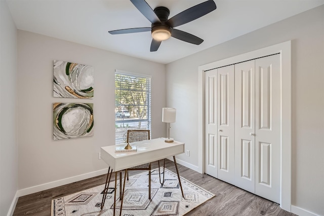 office space featuring ceiling fan and wood-type flooring