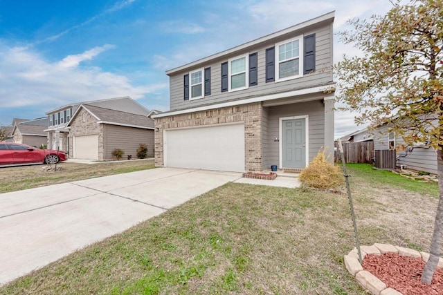 view of front of property featuring a garage, concrete driveway, fence, cooling unit, and brick siding