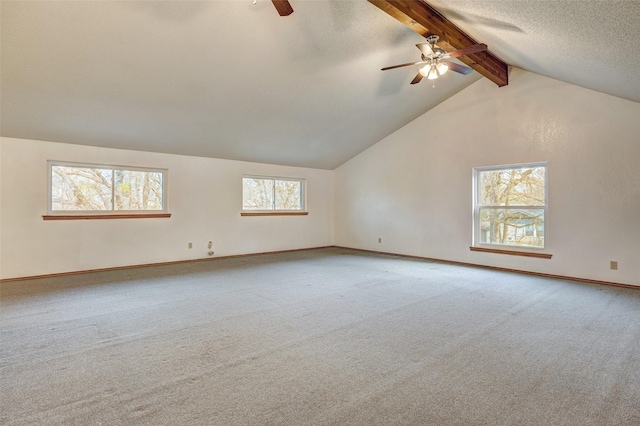 additional living space with high vaulted ceiling, a textured ceiling, carpet flooring, ceiling fan, and beam ceiling