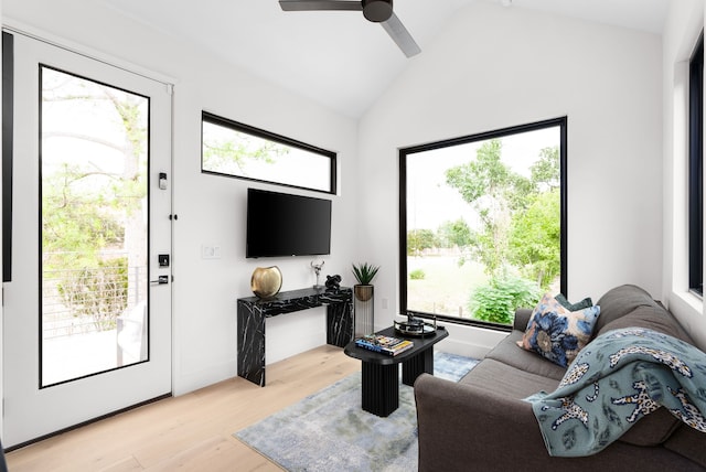 living room featuring ceiling fan, light hardwood / wood-style flooring, and vaulted ceiling