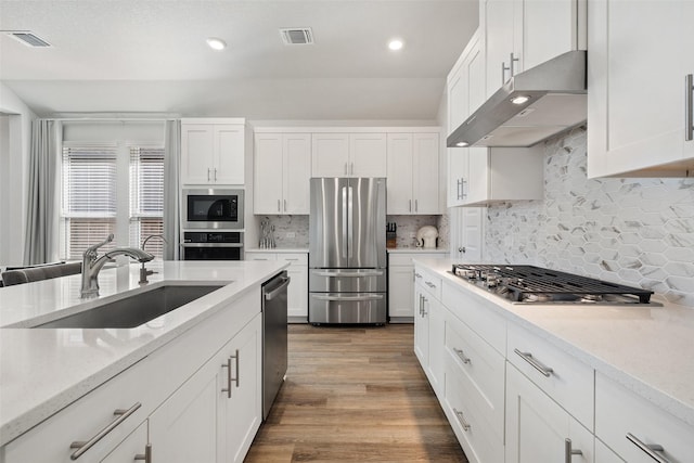 kitchen with white cabinetry, stainless steel appliances, tasteful backsplash, wood-type flooring, and sink