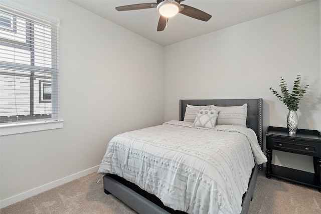 carpeted bedroom with ceiling fan and multiple windows