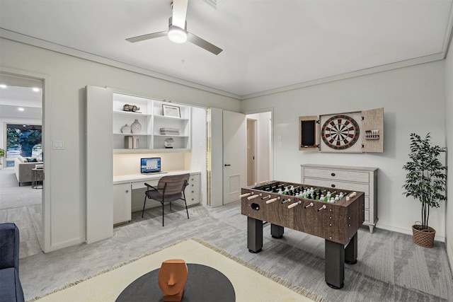 playroom featuring ceiling fan and light carpet