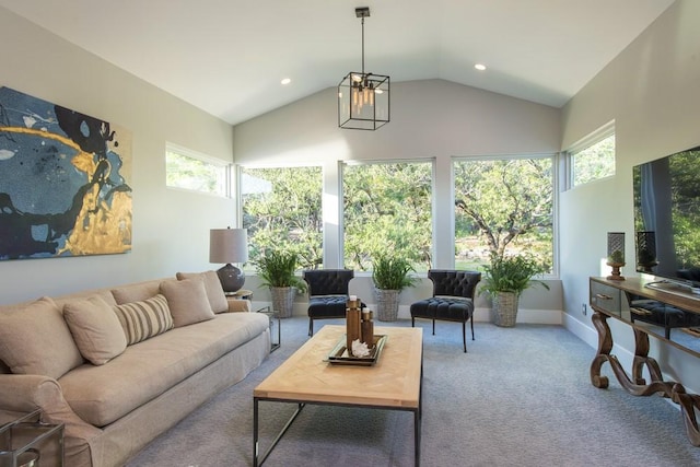 interior space with carpet and high vaulted ceiling