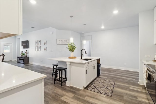 111 Lavender Cv, Dale, TX 78616 - kitchen with a sink, dark wood-style flooring, white cabinets, electric range, and recessed lighting