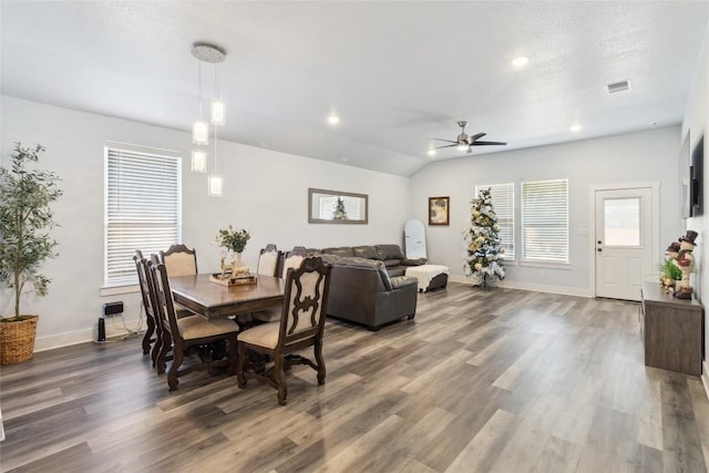 111 Lavender Cv, Dale, TX 78616 - dining area with ceiling fan, wood finished floors, baseboards, recessed lighting, and vaulted ceiling