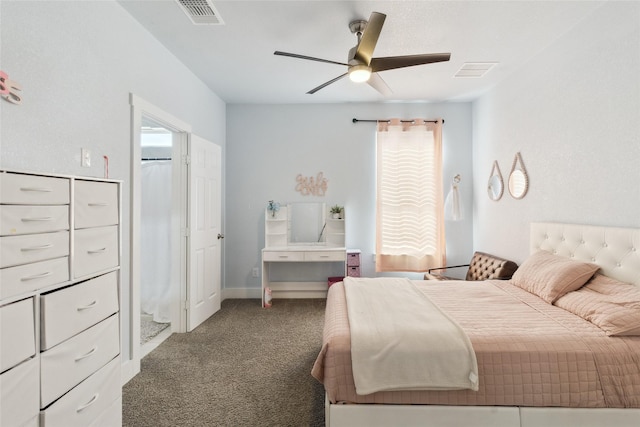 bedroom with ceiling fan and carpet