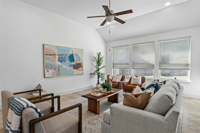 living room featuring vaulted ceiling and ceiling fan