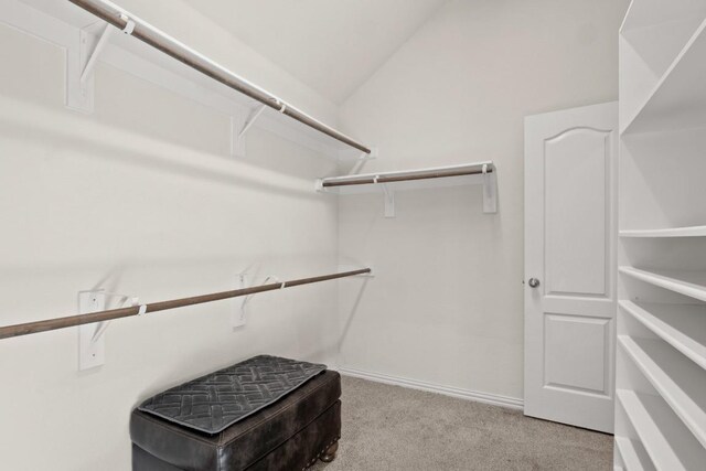 walk in closet with lofted ceiling and light carpet