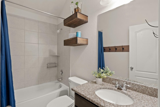 full bathroom featuring shower / tub combo with curtain, vanity, and toilet