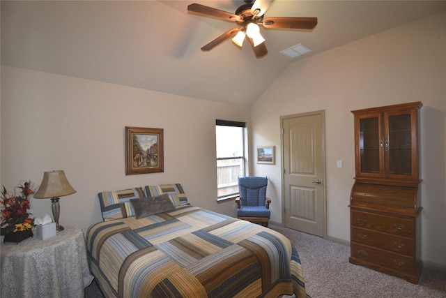 carpeted bedroom featuring ceiling fan and lofted ceiling