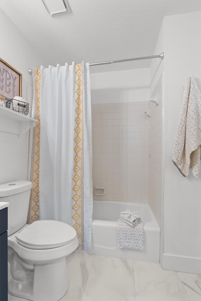 full bathroom with a textured ceiling, toilet, vanity, and shower / bath combination with curtain