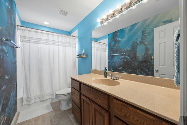 full bathroom featuring toilet, shower / tub combo, tile patterned flooring, and vanity