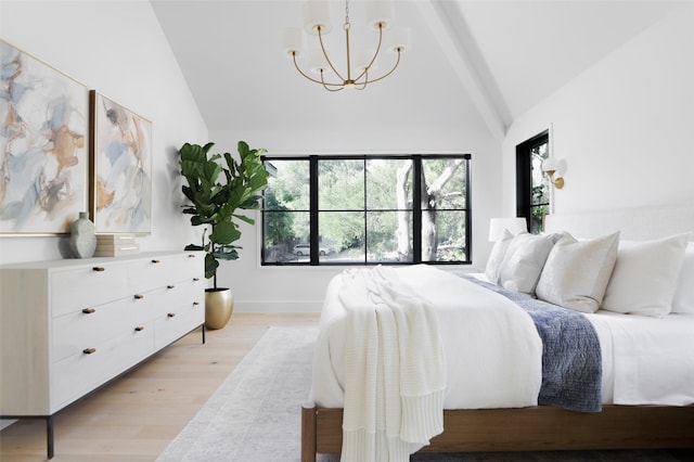 bedroom with high vaulted ceiling, light wood-type flooring, beamed ceiling, and an inviting chandelier