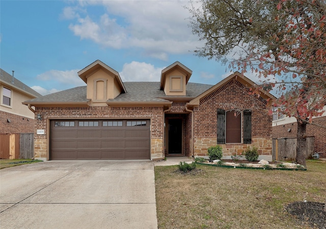 view of front of property with brick siding, roof with shingles, a garage, stone siding, and driveway