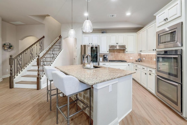 4408 Trinity Woods St, Leander, TX 78641 - kitchen with appliances with stainless steel finishes, a sink, under cabinet range hood, light wood-type flooring, and tasteful backsplash