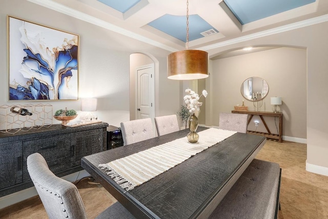 4408 Trinity Woods St, Leander, TX 78641 - dining room featuring arched walkways, coffered ceiling, crown molding, beam ceiling, and baseboards