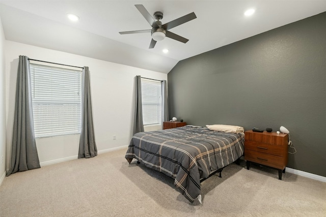 bedroom featuring recessed lighting, baseboards, lofted ceiling, and light carpet