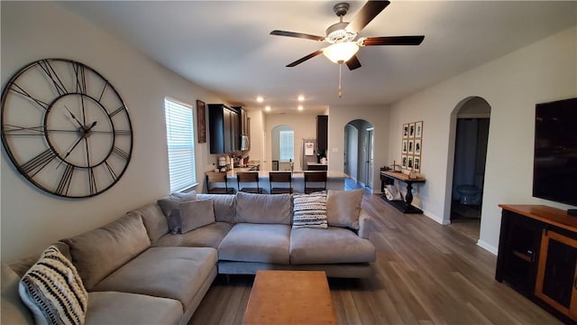 living room featuring ceiling fan and wood-type flooring