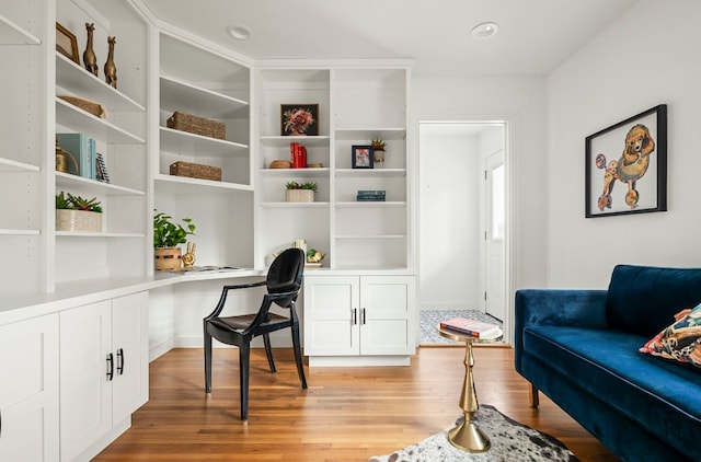 office space featuring built in desk and light hardwood / wood-style flooring