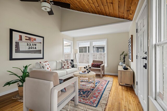 living room with lofted ceiling, light hardwood / wood-style flooring, wooden ceiling, and ceiling fan