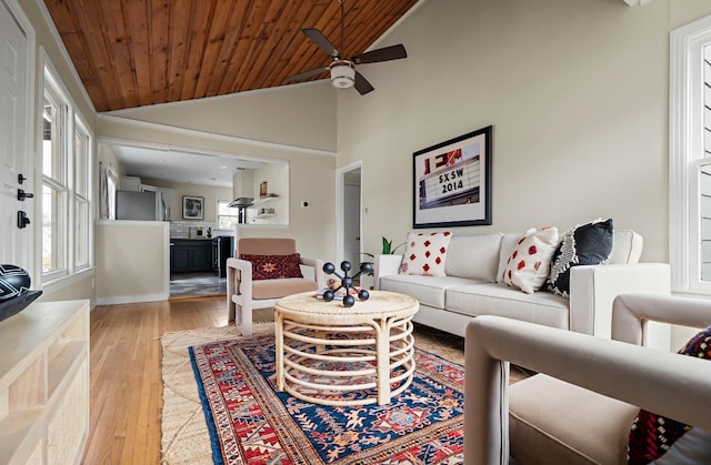 living room featuring wood-type flooring, lofted ceiling, ceiling fan, and wood ceiling