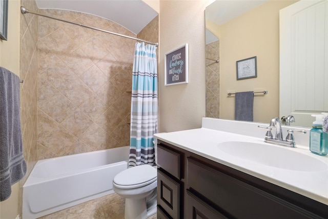 full bathroom featuring toilet, vanity, shower / tub combo, and tile patterned flooring