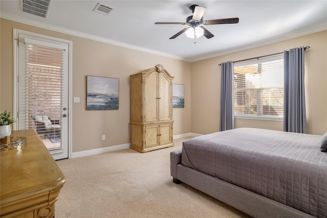 bedroom featuring ceiling fan, crown molding, light colored carpet, and access to outside